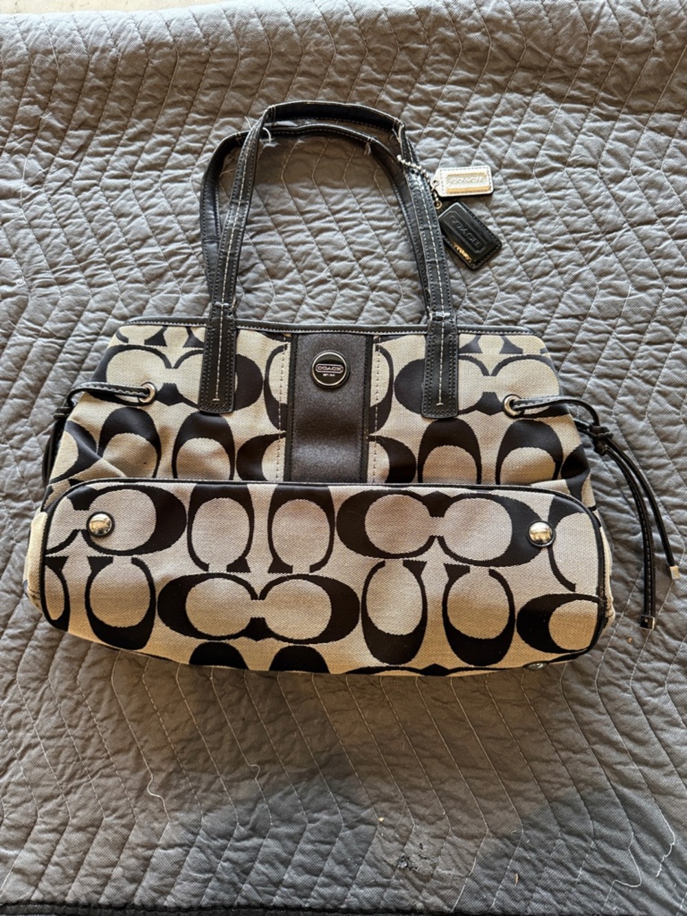 Coach Ashley Satchel Black and Cream Signature Shoulder Tote